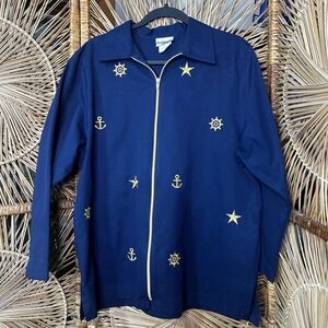 BonWorth Navy Blue Nautical Embroidered Zip Front Shirt Jacket Size M oversized